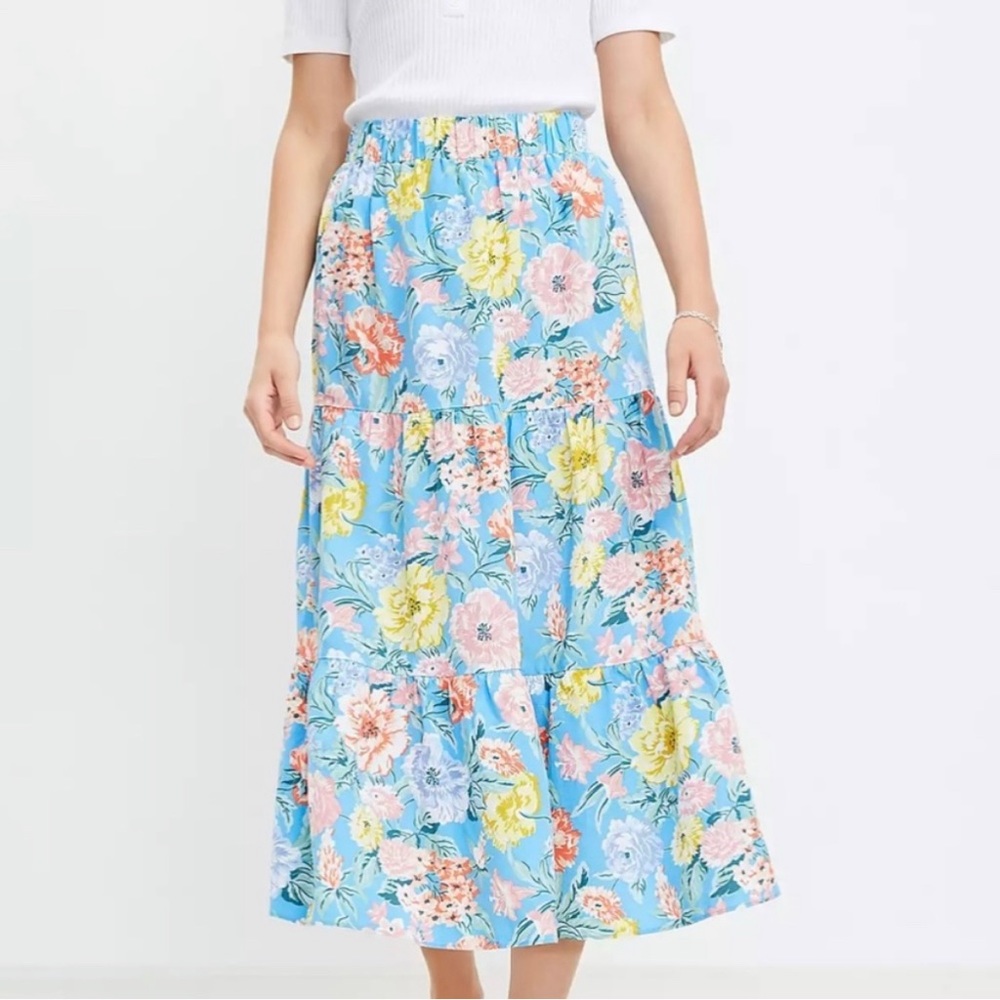 Loft Floral Tiered Pull On Midi Skirt